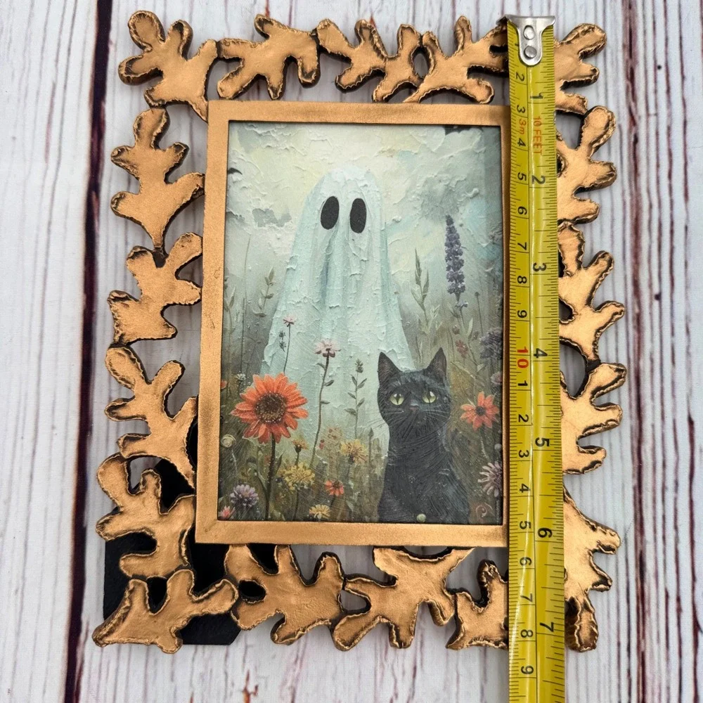 Ghost and Black Cat Decoupage Art in Gold Ornate Branch Frame Halloween Decor